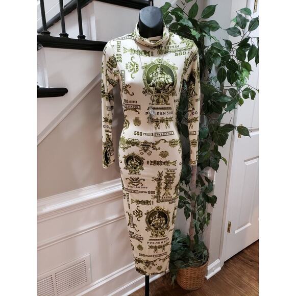 Women's White Green Graphic Print Cut Out Mock Neck Long Sleeve Maxi Dress Small - Picture 9 of 9